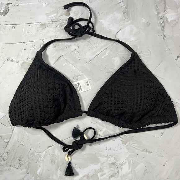 Wild Fable Triangle Crochet Bikini Top Size L Black Tassel Shell TARGET NWOT - Picture 2 of 8